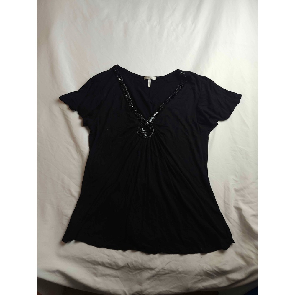 Metro7 Shirt Top Womens Size 16W Black Sequins Trim Short Sleeve Keyhole Neck